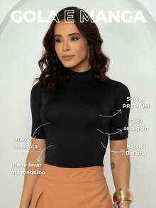 Kit 2 Women's Blouses High Neck T-Shirt Short Sleeve Plain Suplex Cacharrel - 黑色和棕色 - 查看 3