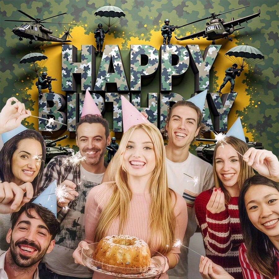 2D Flat, 1 Piece Camouflage Birthday With Helicopter And Silhouettes  Camouflage Theme Party Decoration, Suitable Parties  Large Happy Birthday Sign, Suitable Indoor/Outdoor Activities  Durable (Soldier), 2D Flat - 多色 - 查看 1