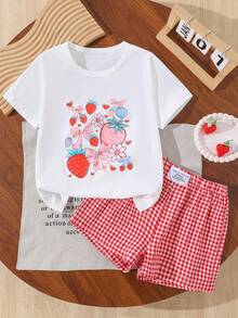 Bộ 2 món cho bé gái, gồm áo thun trắng tay ngắn in hình dâu tây và quần short kẻ caro đỏ trắng, thích hợp mặc mùa hè. - trắng - Xem 1