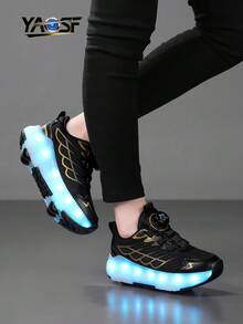 YAOSF Giày trượt patin LED phát sáng, giày bánh xe tiên tiến phù hợp cho trẻ em và thanh thiếu niên, phiên bản nâng cấp với bánh xe có thể thu gọn, đèn chiếu sáng thời trang, giày thể thao ngoài trời, giày phát sáng nhiều màu sắc dành cho cả nam và nữ. - màu đen - Xem 3
