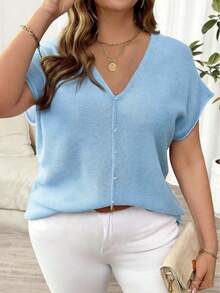 Plus Size Deep V-Neck Knit Top, Semi-Sheer Drop Shoulder Design, Regular Length, Slightly Stretchy Summer - Baby Blue - View 1