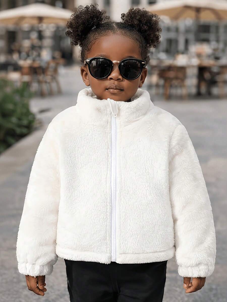 女婴双面蓬松短款保暖开衫夹克，秋冬 - 白色 - 查看 1
