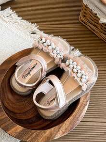 1 Pair Girls' Sweet Pearl Lace Sandals, Hook And Loop Soft Bottom Princess Style Children Shoes - Champagne - View 5