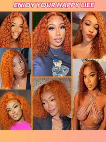 Peluca de cabello humano tipo bob para mujer, color naranja jengibre, ondas profundas, 13X4, corta y rizada, con encaje frontal previamente desbastado, densidad del 180% - S350 - Ver 5