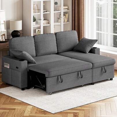 Sofa Bed, L-Shaped Sleeper Sofa Couch, 3 Seater Pull Out Corner Sofa Bed With Storage Chaise, Cup Holder, Sectional Sofa For Living Room, Dark Grey