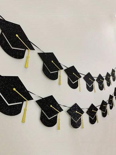 2pcs Graduation Banners, University Graduation Ceremony Decorative Banners, Black & Gold Graduation Cap Banners, Graduation Party Decorations