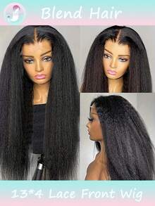 非洲卷曲直发蕾丝前假发，柔软如预先拔毛，带有婴儿发，180%密度；Yaki直发透明蕾丝假发，180%密度；无胶假发，适合（13x4，8-36英寸）（混纺假发 - 真人发和合成纤维混合）；真人混纺假发/女士真人混纺假发/真人混纺蕾丝前假发/无胶假发/漂白发结/预先拔毛/蕾丝假发/提升您的造型/增强自信/完美礼物 - SNatural - 查看 1