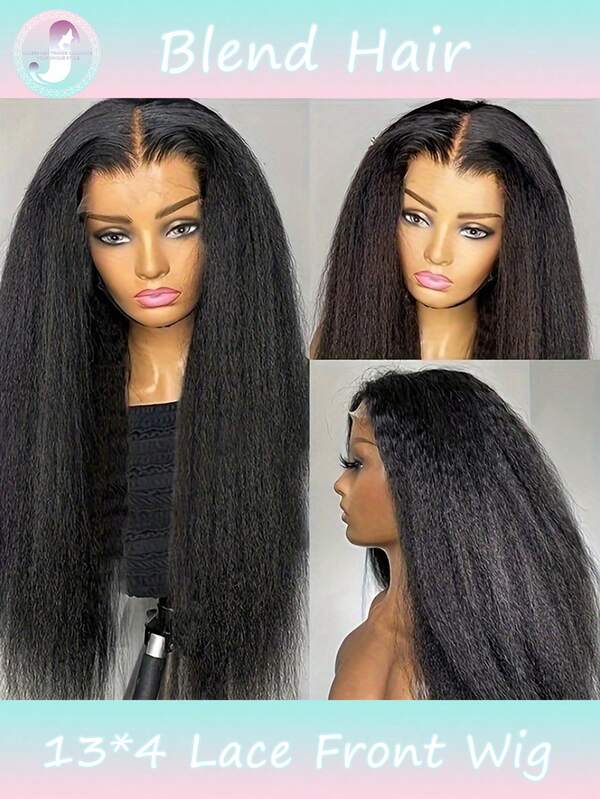 Afro Kinky Straight Lace Front Wigs Soft As Pre Plucked With Baby Hair 180% Density Yaki Straight Transparent Lace Wig 180% Density Glueless Wigs For Black Women (13x4, 8-36 Inch)(Blended Wigs-A Mix Of Human Blended Hair And Synthetic)Wigs Human Blended Hair/Women's Human Blended Hair Wig/Human Blended Hair Lace Front Wigs/Wigs Glueless/Bleached Knots/Pre Plucked/Lace Wig/Upgrade Your Look/Confidence Boost/Perfect Gift