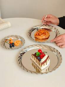 1个欧式不锈钢螺旋边托盘，下午茶蛋糕水果盘，甜点盘，家用餐桌托盘 - 銀色 - 查看 4