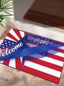 1pc 3D Radiant Sunburst American Flag Style Welcome Doormat, Independence Day Themed Rug, Square Doormat, Absorbent Non-Slip Bathroom Mat/Entrance Shoe Scraper Mat, Indoor Doormat, Rug, Bohemian Rug, Gray Rug, Decorative Carpet - Red, Blue and White Pact - View 2