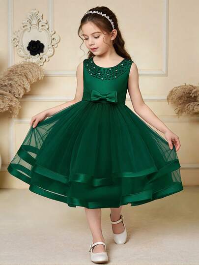 女童纯色蝴蝶结薄纱缎面无袖蓬蓬裙，优雅正式礼服，适合宴会和派对穿着，不含头饰