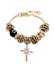 1pc Gold Leopard Print Beaded Adjustable Cross Pendant Bracelet - Bracelet - View 6