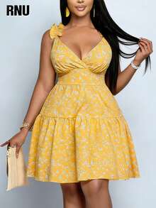 RNU Plus Size Women's Ditsy Floral Ruffle Shoulder Sleeveless Dress, Suitable For Office Commute, Evening Date, Holiday, School, Vacation, Casual Home, Daily Wear, Birthday Party, Formal Dinner, Back To School Party, Singles Party, Travel, Stage Performance And Concert, Afternoon Tea, Country Music Festival, Etc. - Yellow - View 4