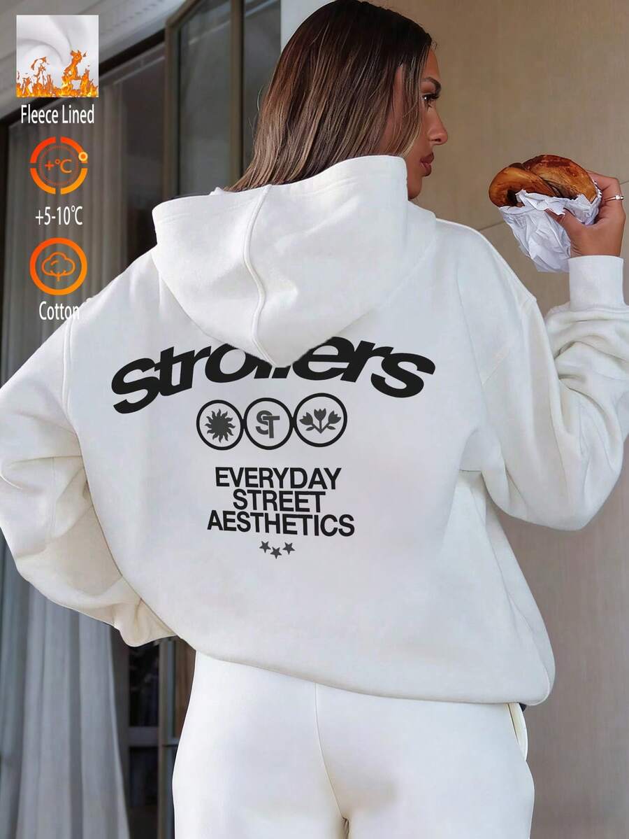 Women's Hoodie, Cotton Top, Black Godfather Motif Hoodie, Retro American Style, Autumn/Winter, Warm Lining, Drawstring Hood, Loose Fit, Casual, Versatile, Suitable For Cold Weather, Women's Long Sleeve Top - 白色 - 查看 1