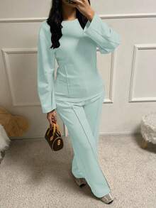 Women's 2-Piece Set, Round Neck Long Sleeve Top Paired With Cinched Waist Mid-Length Sweatpants, Elegant For Casual Daily Wear, Holidays, Business, Easter Party - Light Green - View 7