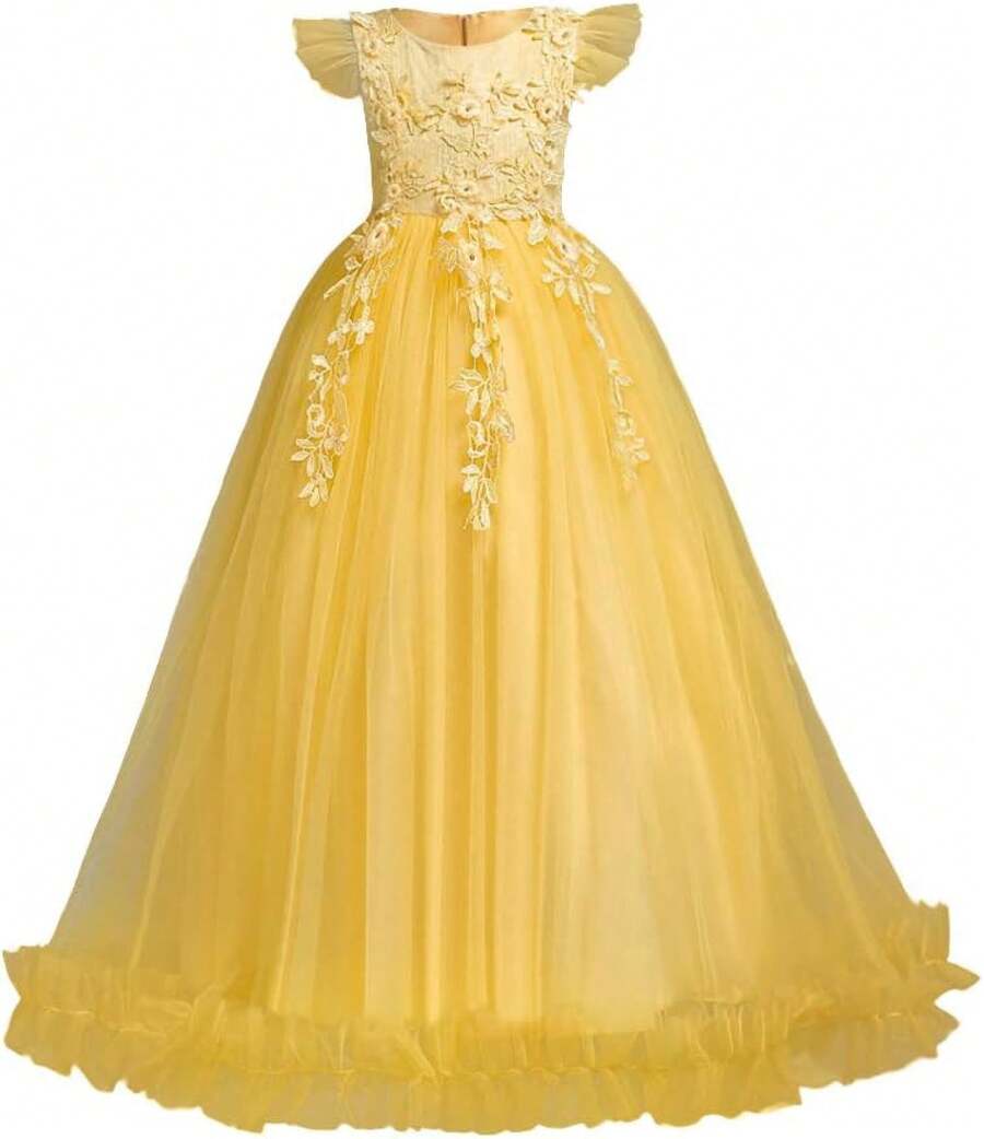 Vintage Lace Party Dress For Girls - Boho Style Maxi Gown For Pageant, Wedding & Celebration - 黃色 - 查看 1