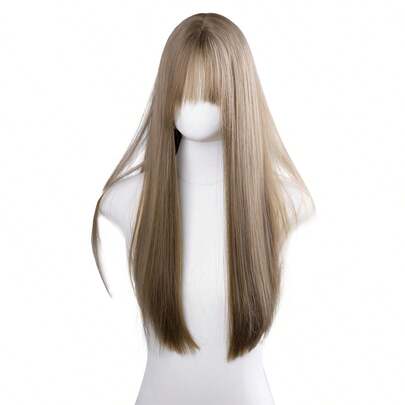 24-Inch Long Synthetic Wig Featuring A Natural Straight Style A Stunning Brown. Designed With Bangs , It Is Crafted From Heat-Resistant Fiber To Ensure Durability. This False Hairpiece Is Perfect For Daily Use, Offering A Natural And Realistic Appearance That Mimics.