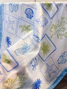 1pc Seashore Resort Starfish & Mermaid Print Silk-Like Square Scarf, 68cm, Suitable For Beach, Street, Daily, Vacation, Business, Fashion Handbag Decoration Strap - Màu xanh lam - Xem 6