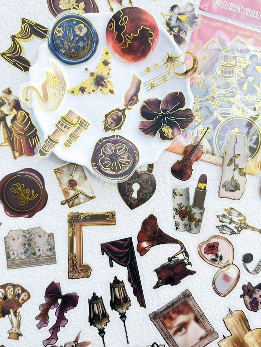 50pcs Retro European Palace Style Gold Stamping PET Stickers Decals For Phone Suitcase Scrapbook Helmet Skateboard Guitar Aesthetic Transparent Stickers