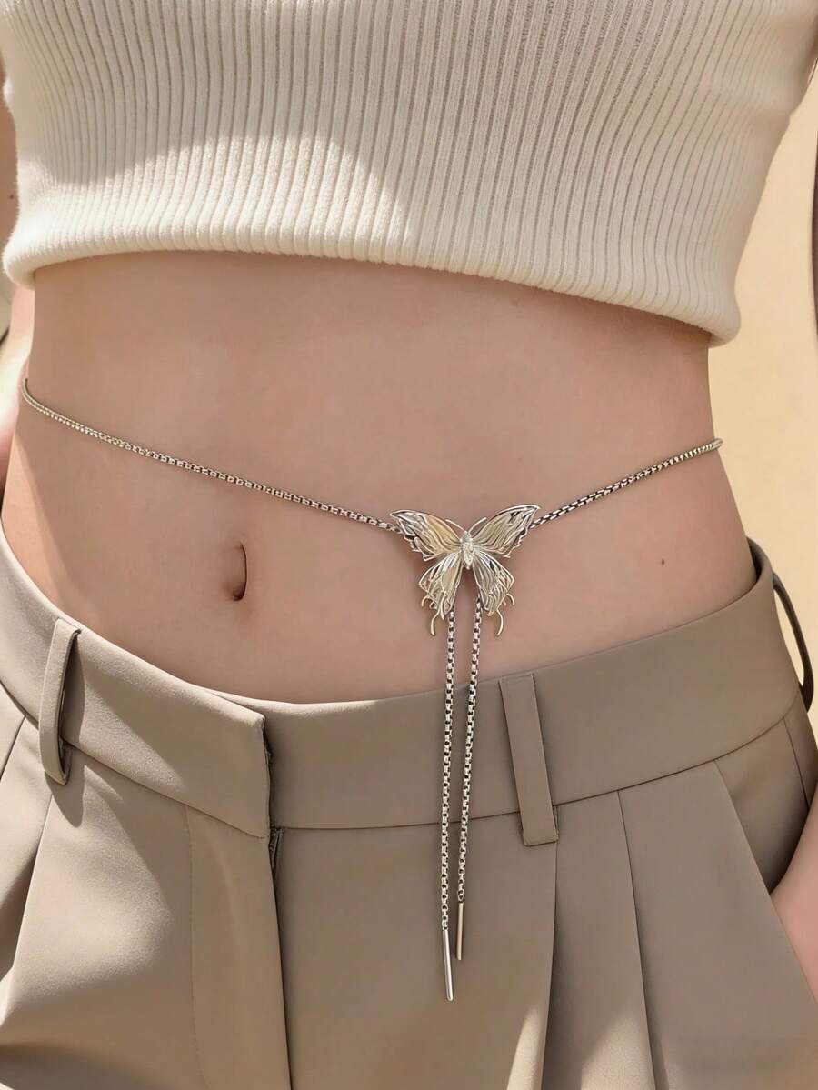 1PC Women's Silver Butterfly Waist Chain, Long Tassel Belly Chain, Convertible To Necklace, Adjustable Y2K Style Body Jewelry For Jeans, Dresses And Party Occasions - Silver - View 1