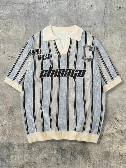  ANDREILEE 男士/中性休闲宽松街头通勤舒适简约撞色条纹复古 Polo 领半开襟短袖 T 恤针织衫，杏色