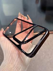 1pc Luxury Plating Fold Glass Camera Stand Holder Clear Phone Case Compatible With IPhone 17 Pro Max 17 Pro Ultra Thin Transparent Shockproof PC Cover - Black - View 2