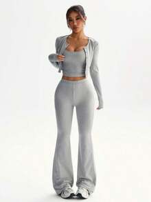 3pcs Minimalist Solid Color Fitted Cropped Cardigan, Camisole, And Flare Pants Set - Màu Xám nhạt - Xem 4
