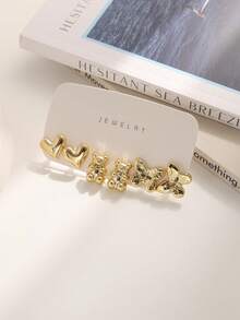 4/6/16pcs Fashionable Elegant Heart, Butterfly, Bear, Geometric Multi-Element Gold Metal Earring Set, Women Daily Wear Earring Set - Gold - View 3
