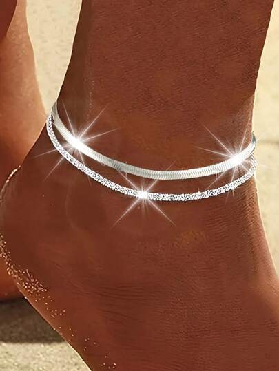 1/2pcs Stainless Steel Waterproof Snake Chain Starry Sky Shiny Anklet, Minimalist Women Foot Jewelry Suitable For Beach, Holiday, Daily Wear