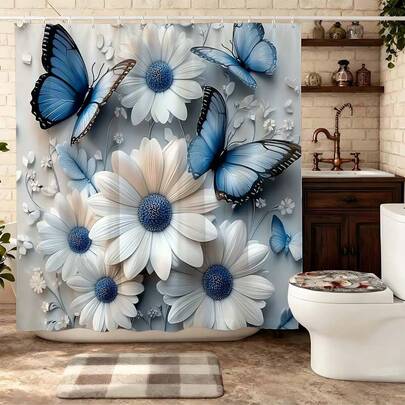 Blue Butterfly Daisy Shower Curtain, White Floral Bathroom Decor, Waterproof Fabric Bath Curtain For Shower, Elegant Farmhouse Bathroom Accessories, Beautiful Flower Pattern Shower Curtain, Heavy Duty Shower Curtain Set With Hooks, Decorative Window Curtain For Bedroom, Cute Nature Bathtub Curtain For Bathroom Stall