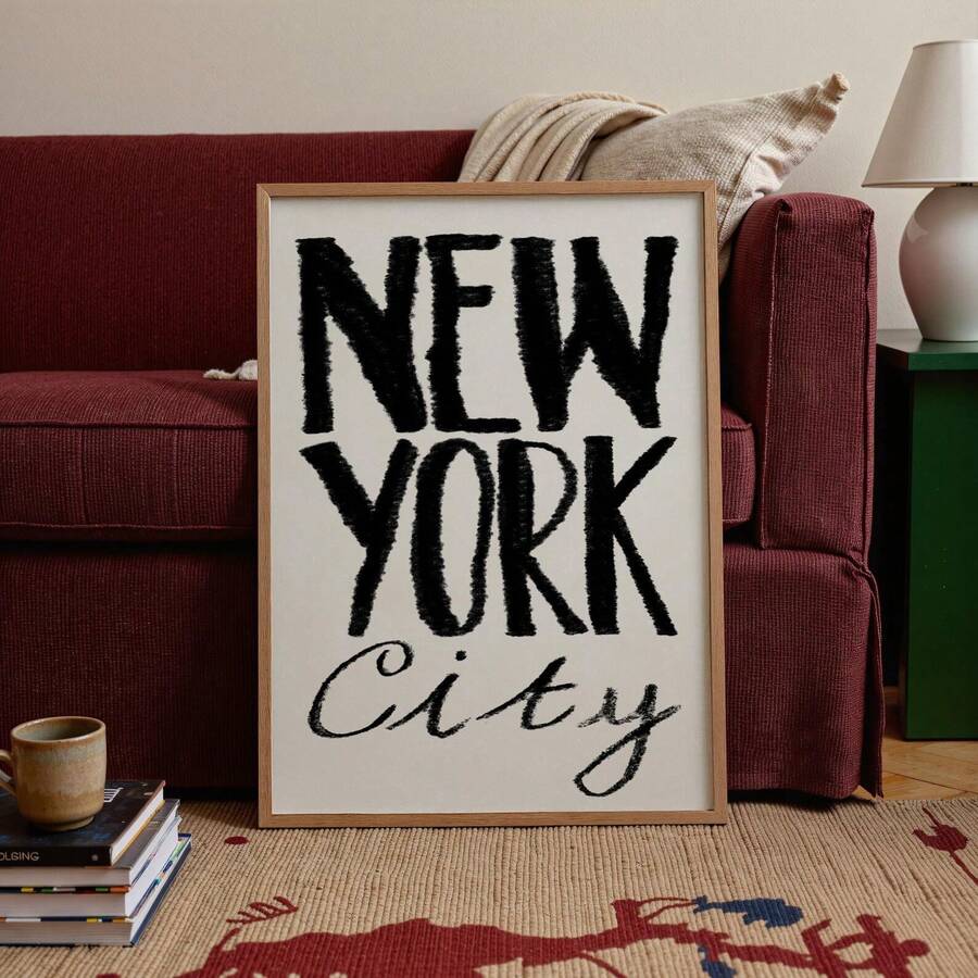 1pc Frameless New York City Hand-Lettered Art Print - Neutral Black Bold Retro Typography Wall Decor For Home Office Classroom Apartment Bedroom Dorm, Travel Theme Cityscape Poster, Room Decor Bedroom Prints For Wall, Posters, Vintage Decor, Party Decor & Best Gift Choice - Word - View 1