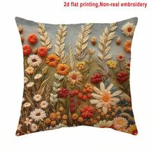 1pc Vintage Embroidered Floral Pattern Home Decor Throw Pillow Cover, 2D Flat Print Forest Style Wild Flower Cushion Cover, Bedroom Home Decor Pillow Sham, Polyester Square Single-Sided Print Pillow Case, Machine Washable, Zipper Closure, Pillow Insert Not Included, 45*45cm - Multicolor - View 10
