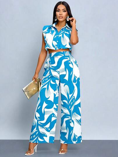 Conjunto De Dos Piezas Para Mujer Estilo Bohemio Con Blusa Sin Mangas y Pantalones De Pierna Ancha Con Estampado Todo