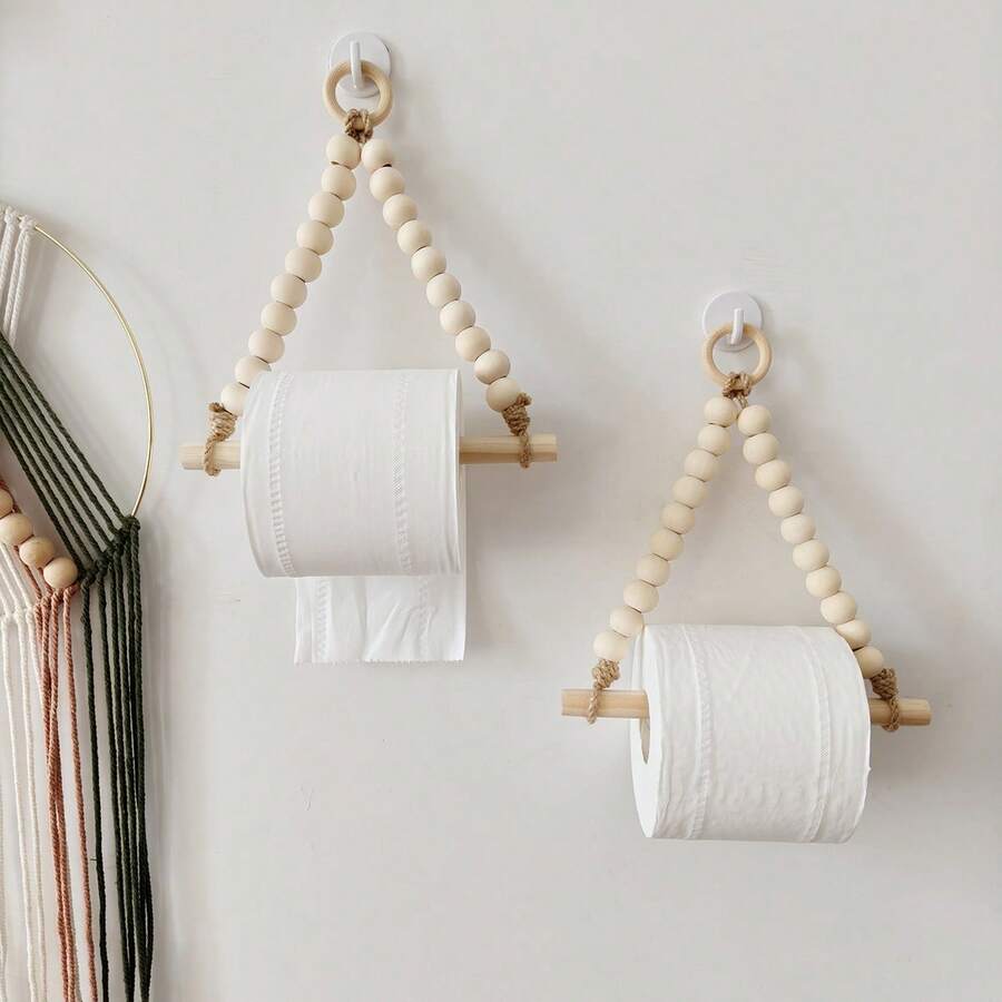 1件/2件装木珠棍式卫生纸架，珠串式卫生纸卷架，浴室纸巾架，无需钻孔 - 杏色 - 查看 1