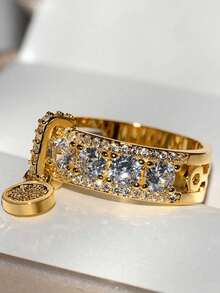 经典空心圆交叉几何戒指，女士黄色合成立方氧化锆订婚礼物 - 黃色 - 查看 1