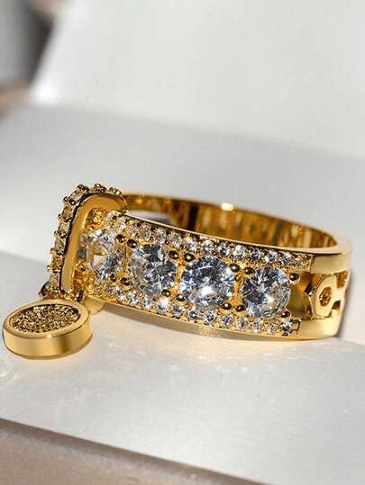 经典空心圆交叉几何戒指，女士黄色合成立方氧化锆订婚礼物