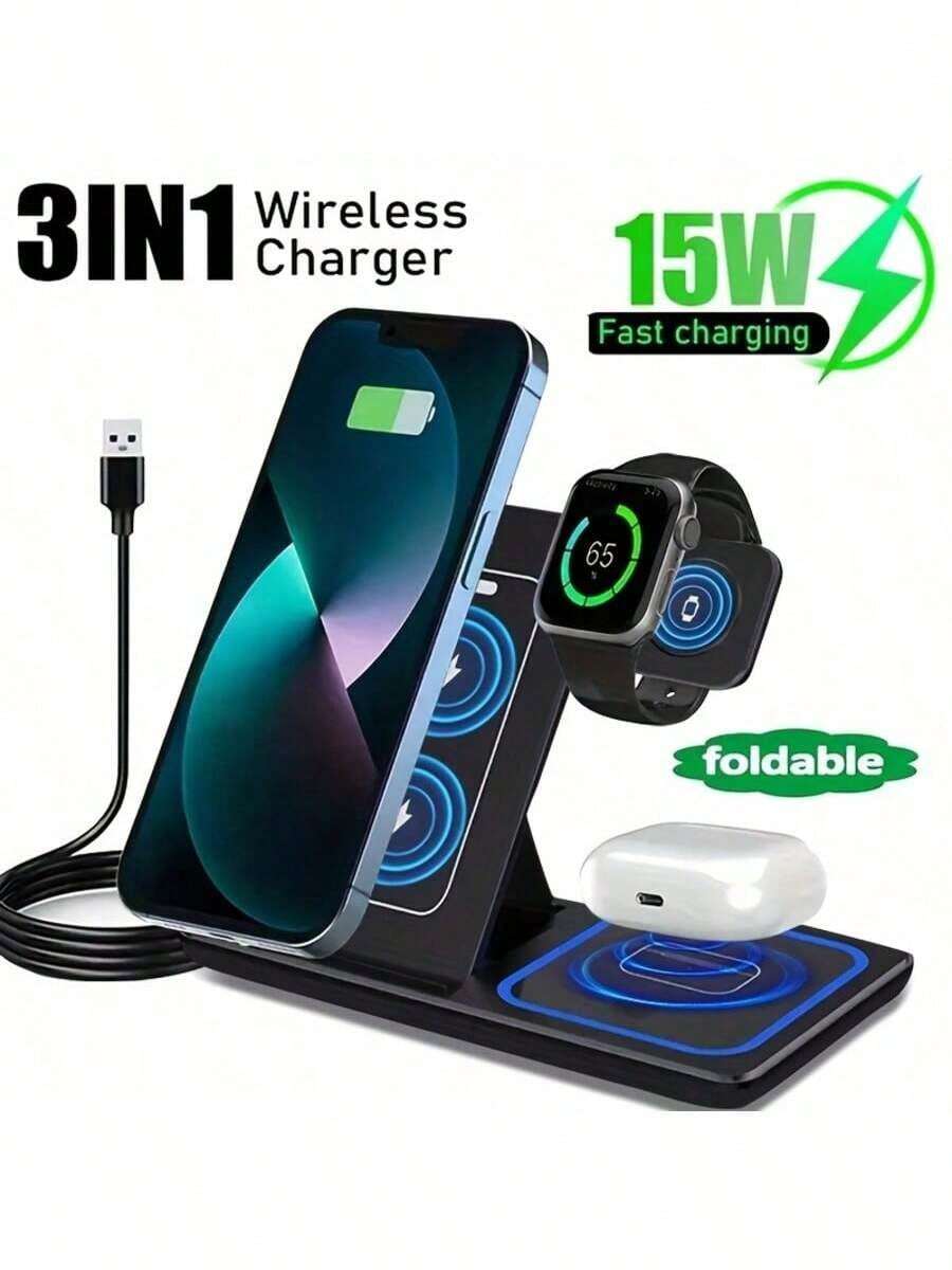 三合一可折叠无线充电器，包含手机支架，可折叠快速无线充电板，兼容 17/16/15/14/13/12/11/X/XR/X