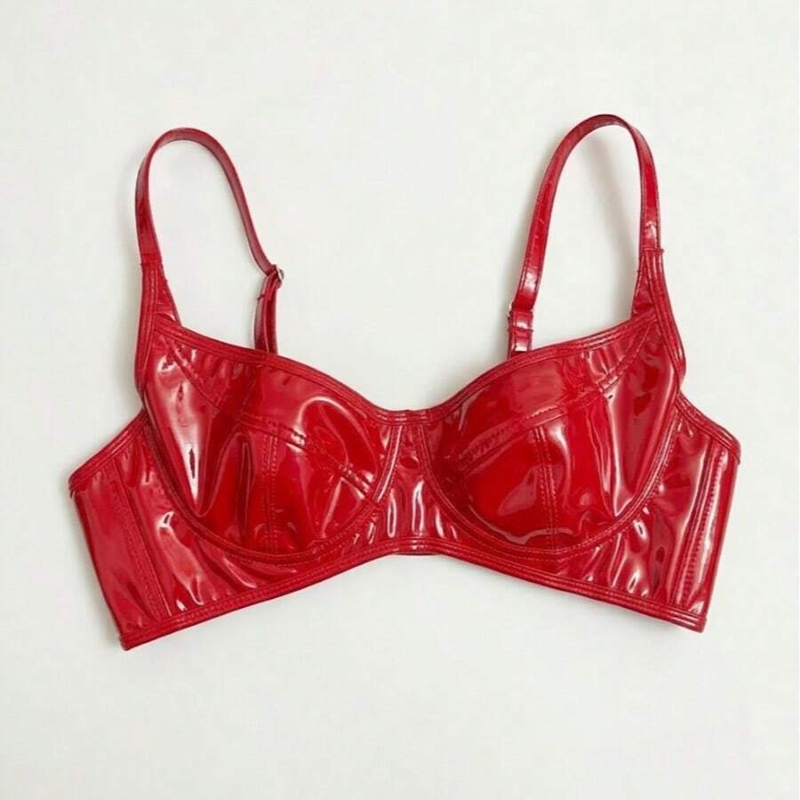 Women's Cropped Vinyl Fake Leather Corset - Đỏ - Xem 1