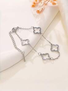 4pcs/1 Peça Conjunto de Pulseira e Trevo de Strass em Aço Inoxidável de Luxo da Moda, Conjunto de Joias Femininas Elegantes Vintage, Adequado para Uso Diário, Presente, Festa, Presente de Feriado da Moda - Prata - Visão 8
