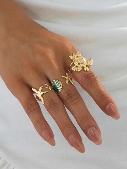 Set de 3 piezas de joyería de anillos abiertos con estrella de mar y concha de estilo oceánico azul, adecuado para vacaciones de playa casuales