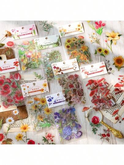 CANDY POETRY 40pcs/Pack Assorted Floral Waterproof Stickers For Decorating Phone, Laptop, Notebook, Scrapbooking, Bullet Journaling, Arts & Crafts (8 Designs Random Delivery) Scrapbook Supplies Stationery Funny Stickers Kindle