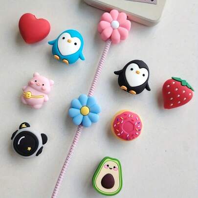 1/2/5件装可爱花朵和心形牛油果造型数据线保护套，PVC防裂数据线套管，适用于安卓和苹果充电线，不含电池配件