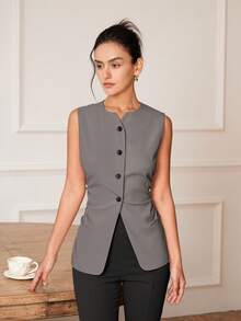 Áo vest không tay ôm sát, thanh lịch, quyến rũ, phong cách cổ điển dành cho nữ, áo croptop công sở thường ngày, thích hợp cho mùa xuân/hè. - Xám - Xem 2