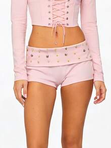 Women Y2K Studded Foldover Micro Shorts Vintage Low Waist Slim Fit Mini Shorts Summer Boxer Short Party Clubwear - 粉色 - 查看 2
