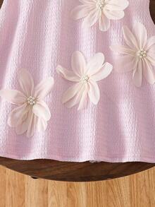 Young Girl' Fashion Casual Pleated Sleeve Pearl Flower Dress - Baby Pink - View 7