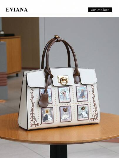 Fashionable Luxury 2025 Women's Tote Bag, High-Capacity Premium Handbag, Elegant & Graceful Ladies Shoulder Bag With Exquisite Cat Design, Suitable For Work