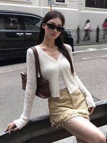 Women's Lightweight Spring/Summer Open Front Blouse, Sweet Casual Semi-Transparent Knit Top, Long Sleeve Outerwear, Suitable For Wearing Alone Or Layered Over A Mini Dress - Apricot - View 3