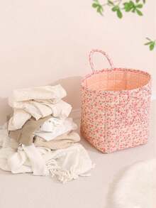 Pink Multi-Size Storage Basket Storage Basket, Desktop Sundries Storage Basket, Quilted Floral Storage Basket Laundry Basket Floral Clothing Storage Basket Large Capacity Laundry Basket Storage Bag Foldable Snack Basket With Handle Skincare Tool Storage Basket Toy Storage Basket Empty Basket Storage Bag - Pink - View 6