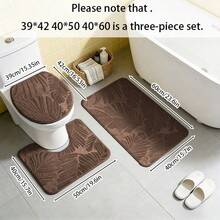 3pcs Bathroom Leaf Pattern Soft Absorbent Anti-Slip Toilet Seat Cover, Bathtub Mat, Shower Mat, Small Entrance Rug - Brown - View 1