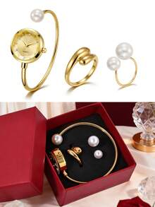 1pc LUCKYFOX Dry Battery Quartz Watch With Ring Gift Set, Minimalist Casual Retro Business Style Zinc Alloy Watch Bracelet With Pearl, Luxury Gift Box Includes Greeting Card, Suitable For Holidays, Valentine's Day Gifts - Gold - View 8